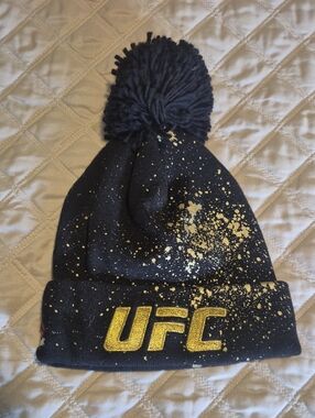 UFC Black Beanie with Gold Splatter and Pom